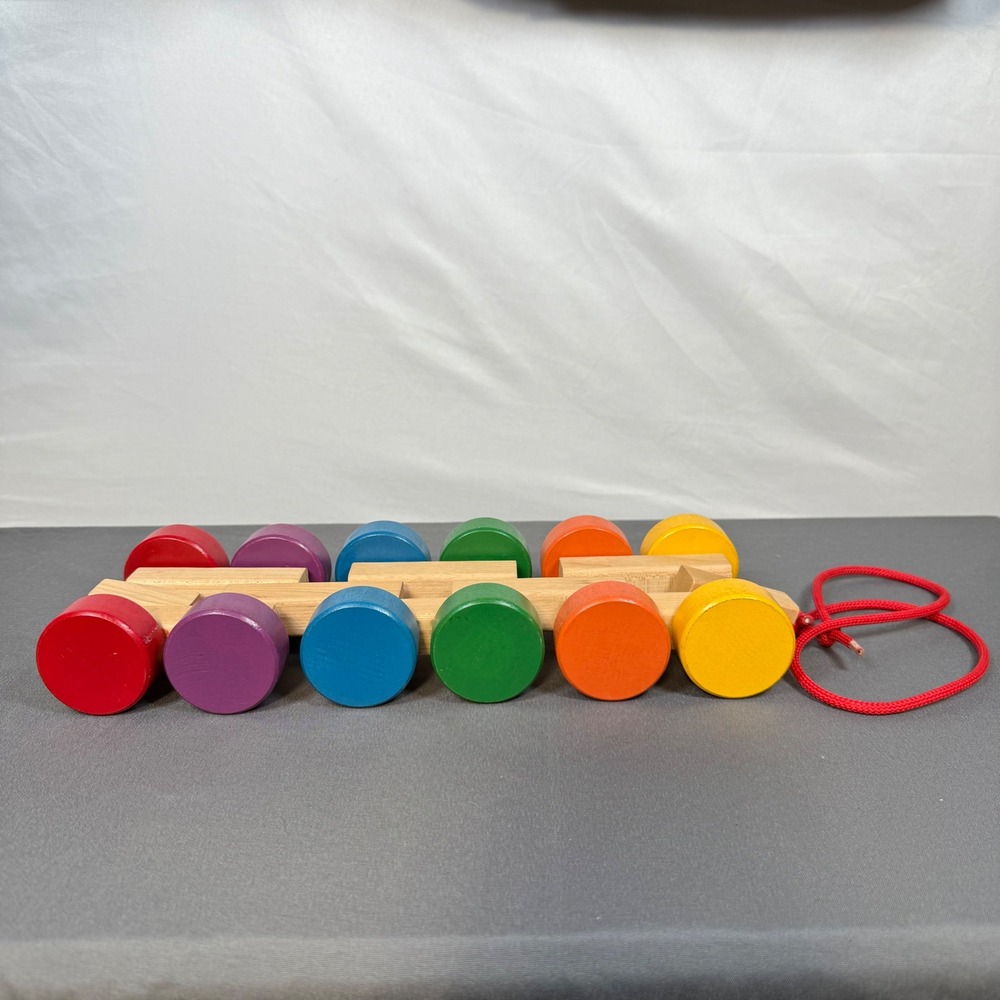 Handmade Wooden Pull Toy Rainbow Colors Rolling Cars Kids Toddler Educational